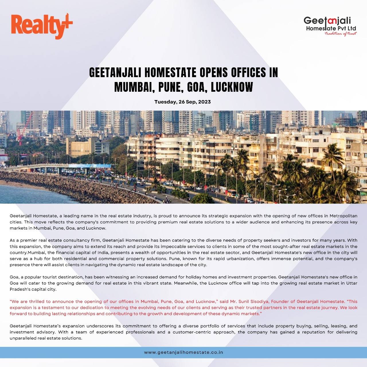 Geetanjali Homestate Opens Offices In Mumbai, Pune, Goa, Lucknow