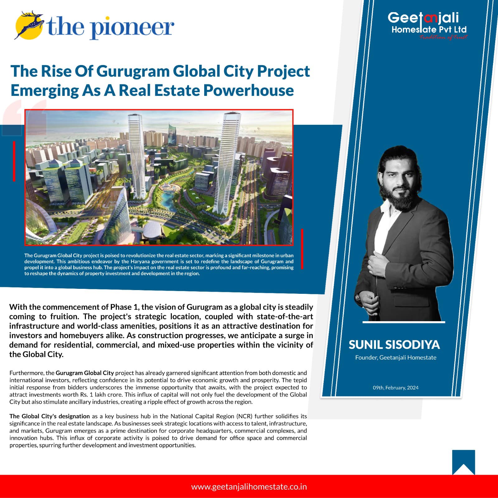 The Rise of Gurugram Global City Project Emerging as a Real Estate Powerhouse : Sunil Sisodiya, Founder, Geetanjali Homestate