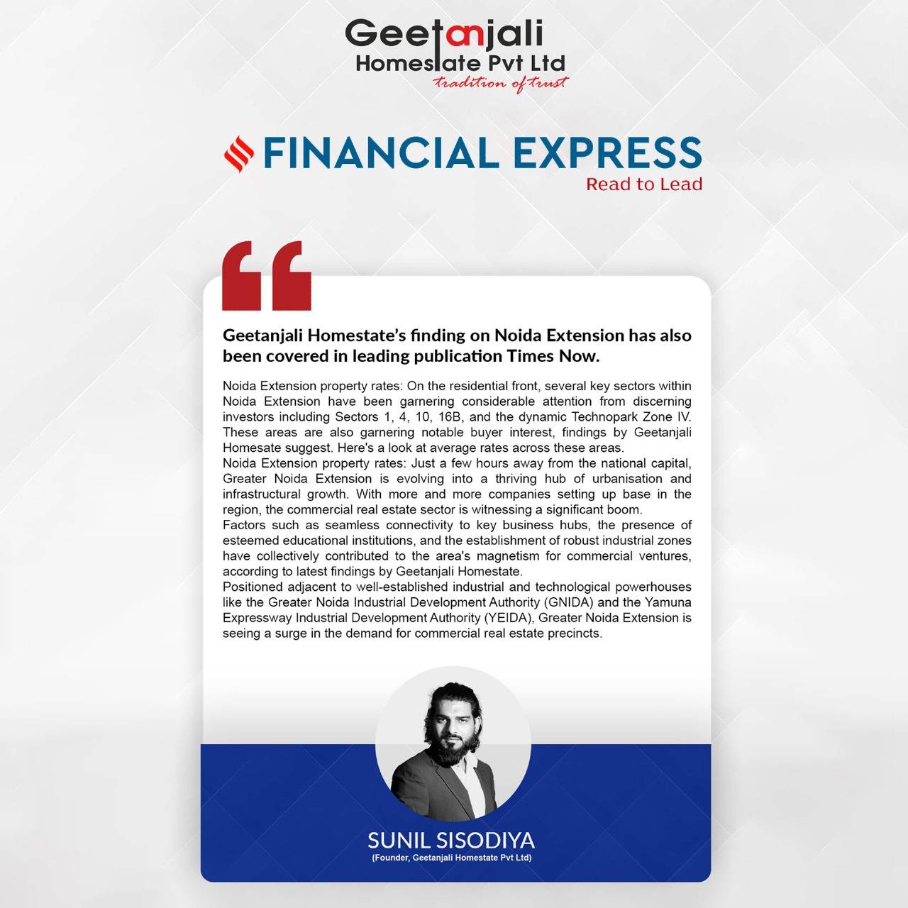 Geetanjali Homestate's Finding On Noida Extension Has Also Been Covered In Leading Publication Financial Express