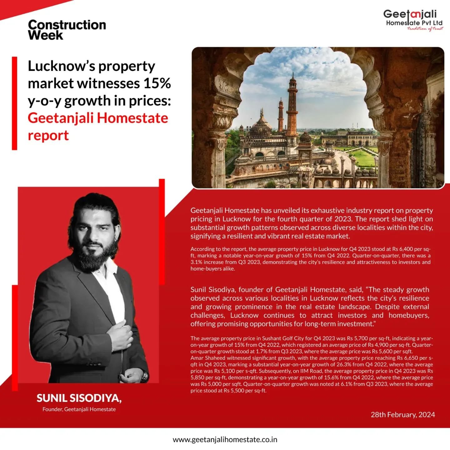 Lucknow’s property market witnesses 15% y-o-y growth in prices: Geetanjali Homestate report
