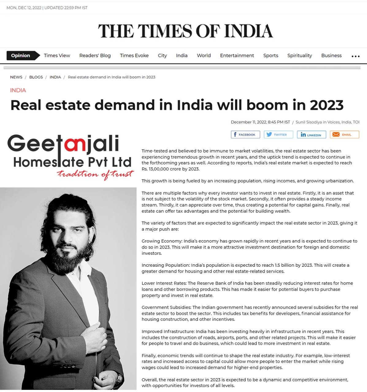 Real estate demand in India will boom in 2023 December 11, 2022, 8:45 PM IST Sunil Sisodiya in Voices, India, TOI