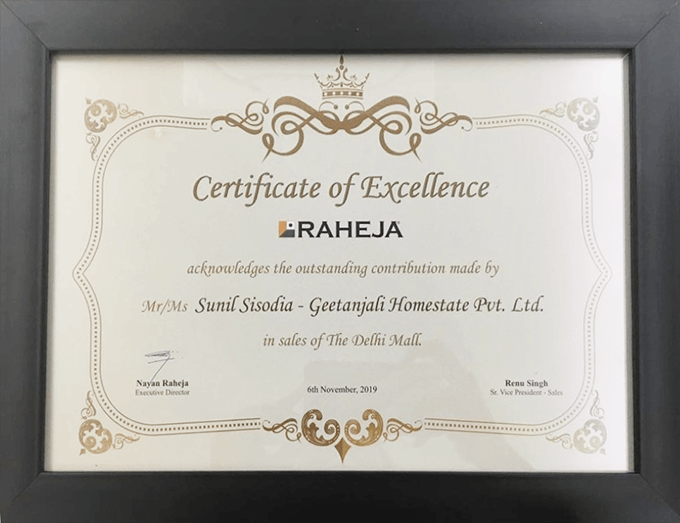 Certificate of Excellence Awards By Raheja-Nov 2019