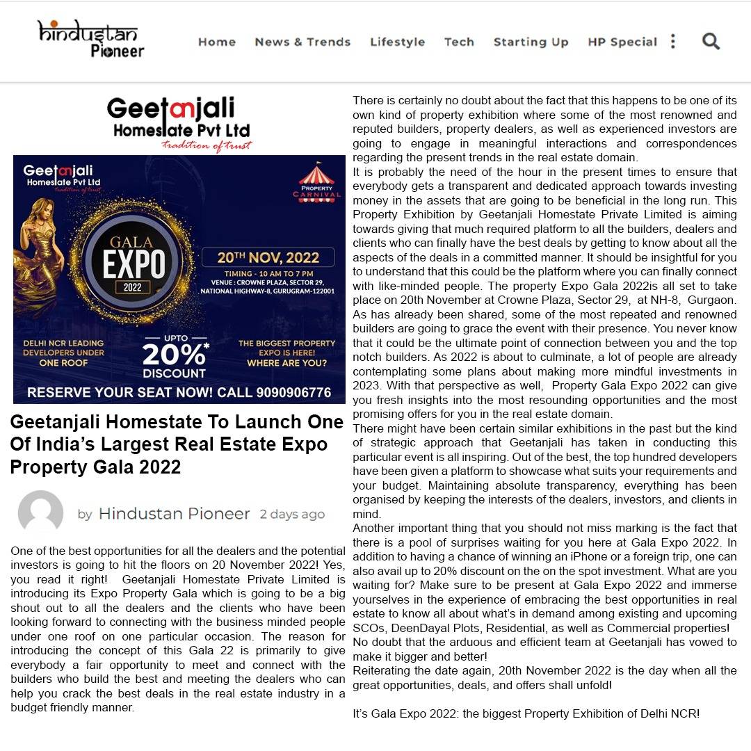 Geetanjali Homestate To LaunchOne One Of India's Largest Real Estate Expo Property Gala 2022