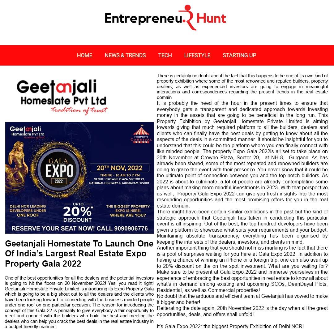 Geetanjali Homestate to launch one of India’s largest Real Estate Expo Property Gala 2022