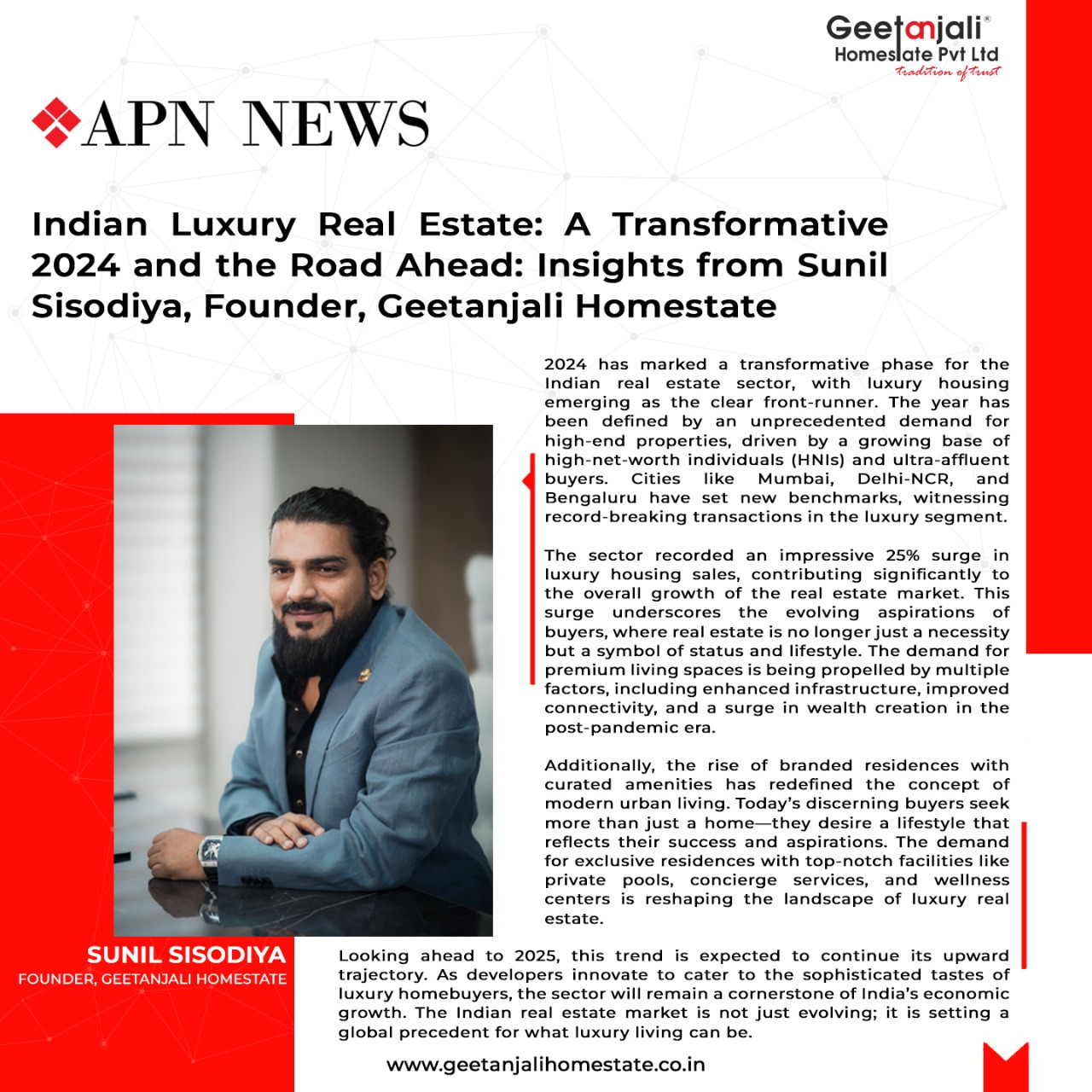 Indian Luxury Real Estate: A Transformative 2024 and the Road Ahead: Insights from Sunil Sisodiya, Founder, Geetanjali Homestate